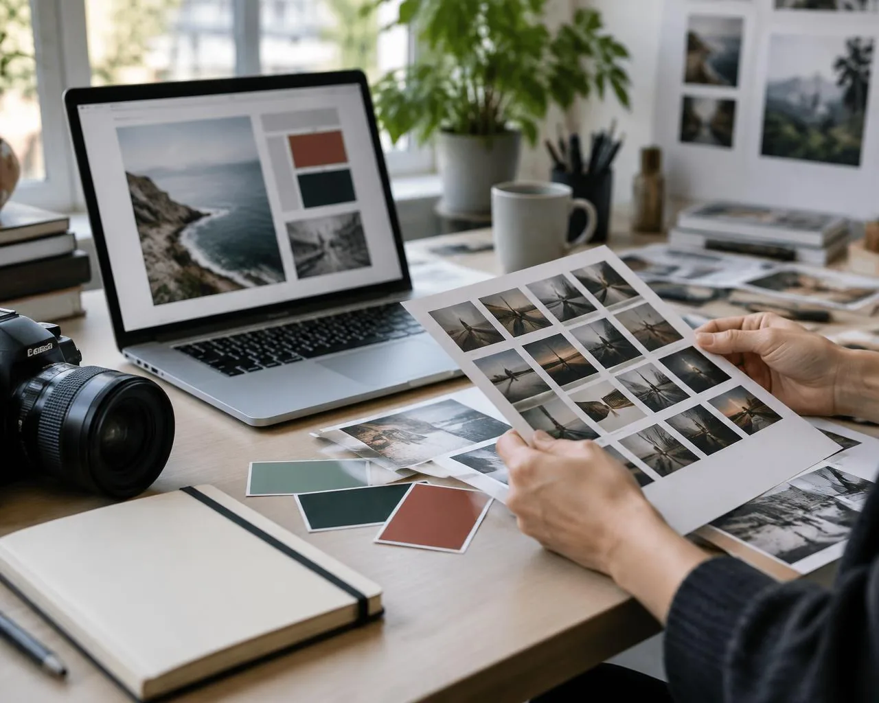 Materiales de contenido y fotografía junto a una página web en un computador; imagen generada.